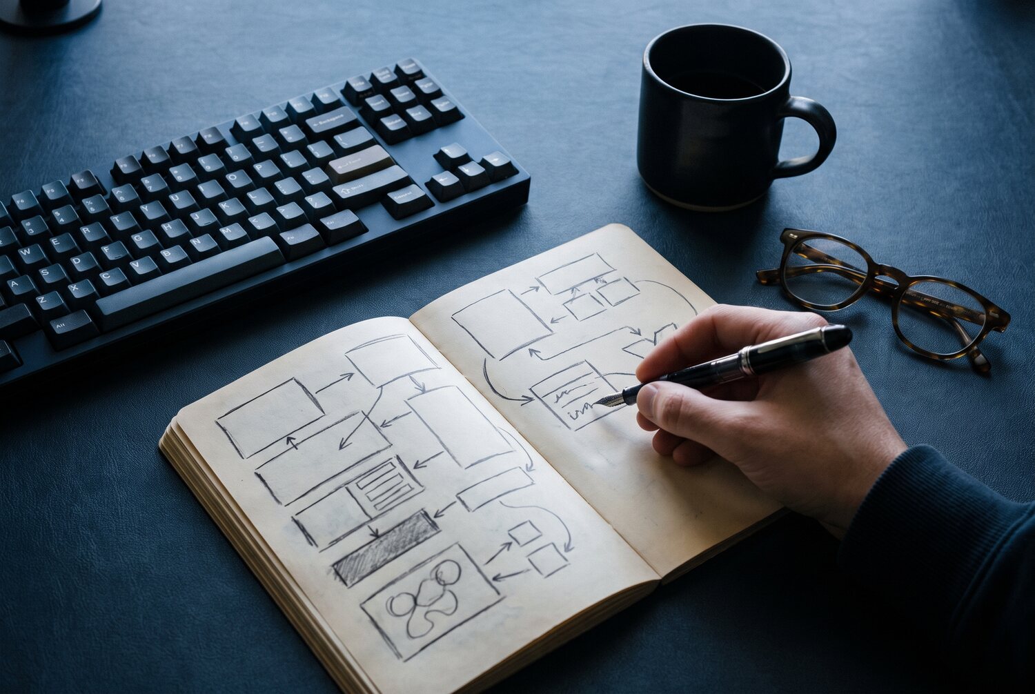 A hand annotating a system diagram in a notebook beside a keyboard
